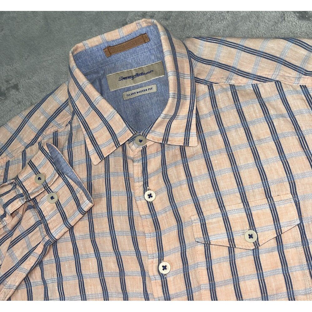 Tommy Bahama Shirt Mens S Blue Peach Plaid LINEN Island Modern Fit Casual
